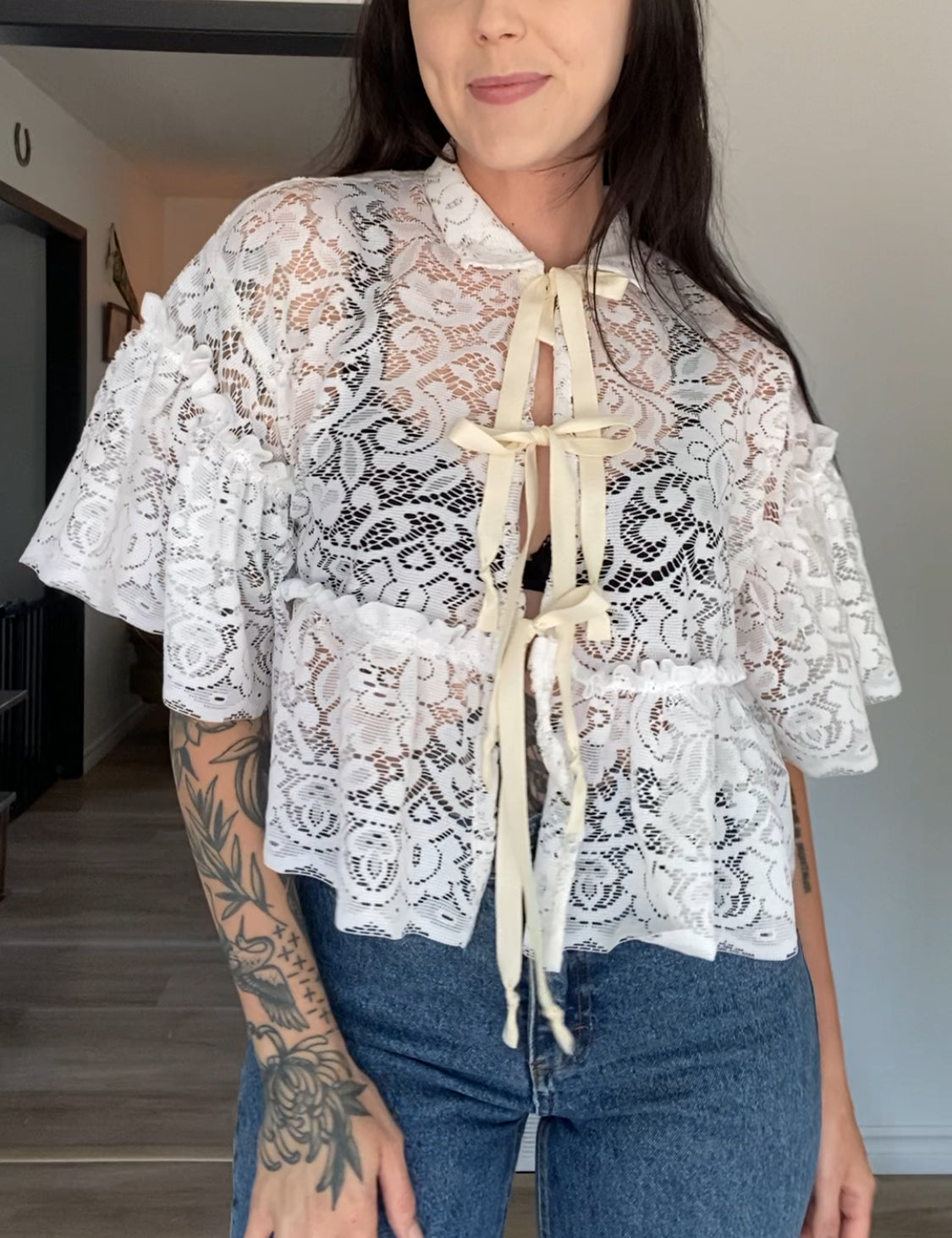 Upcycled Tie-front Frilly Lace Blouse
