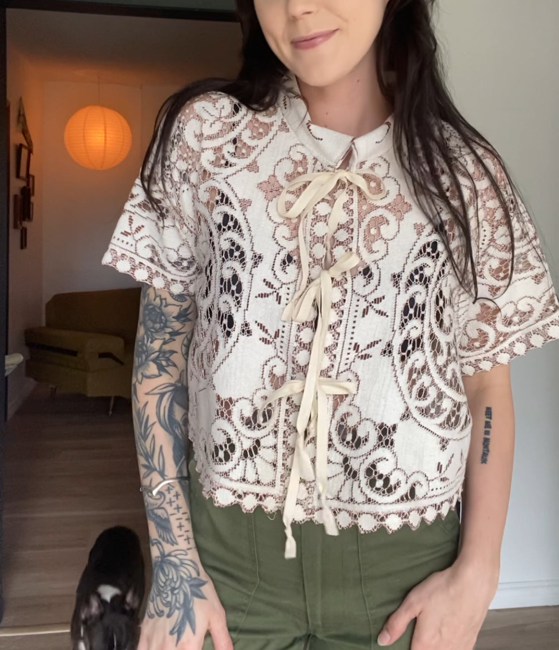 Upcycled Tie-front Lace Blouse