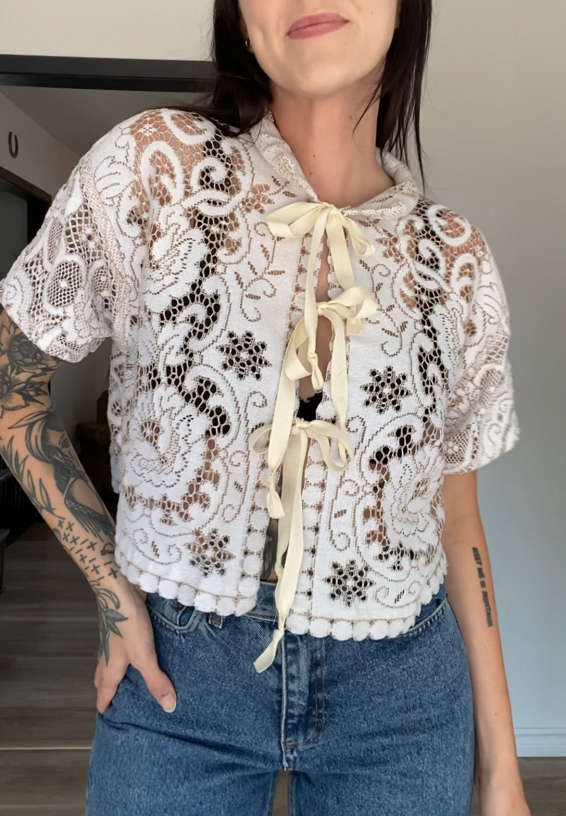 Upcycled Tie-front Lace Blouse I