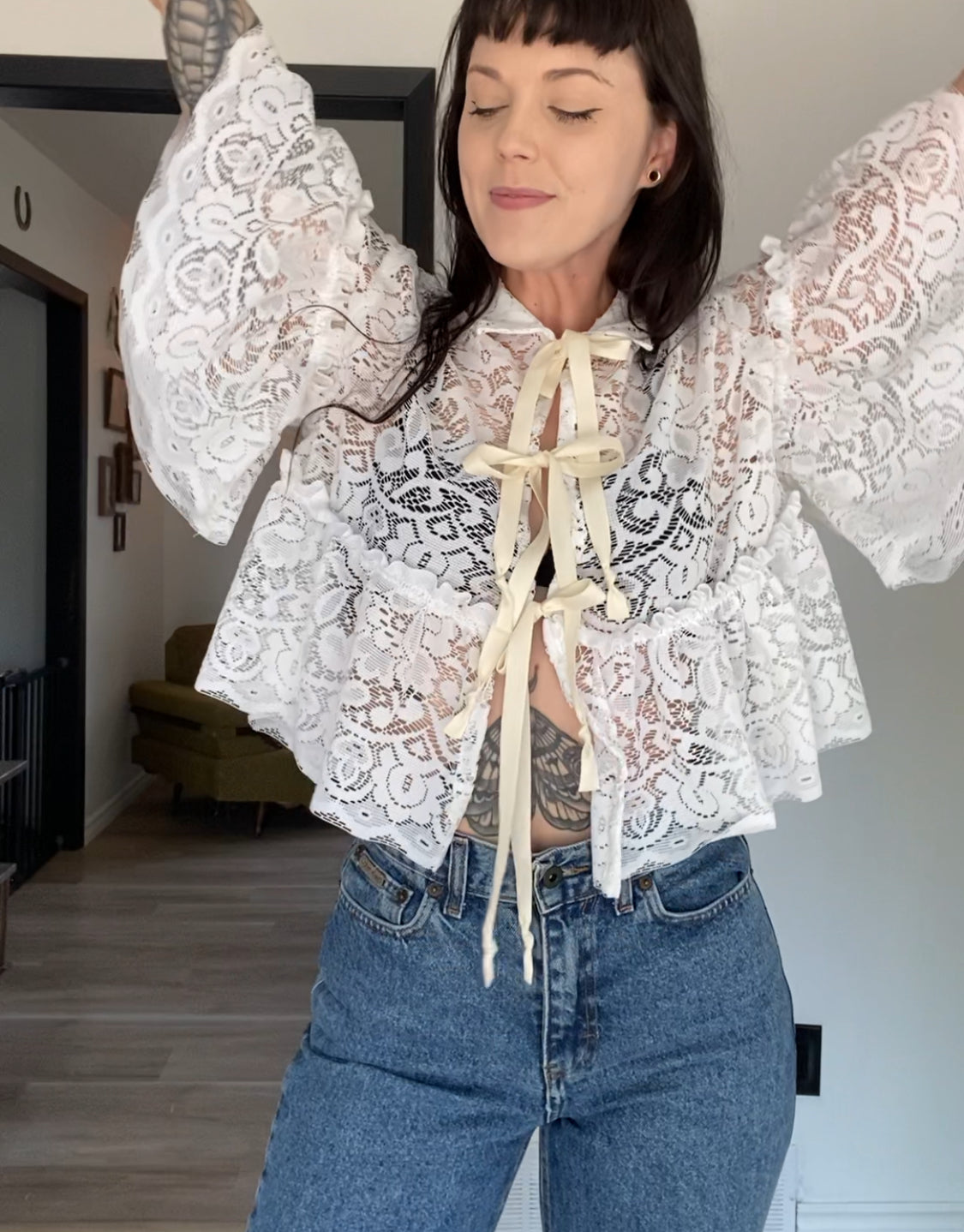 Upcycled Tie-front Frilly Lace Blouse