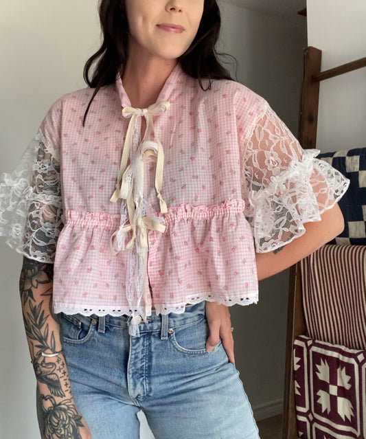 Upcycled Tie-front Frills & Lace Blouse