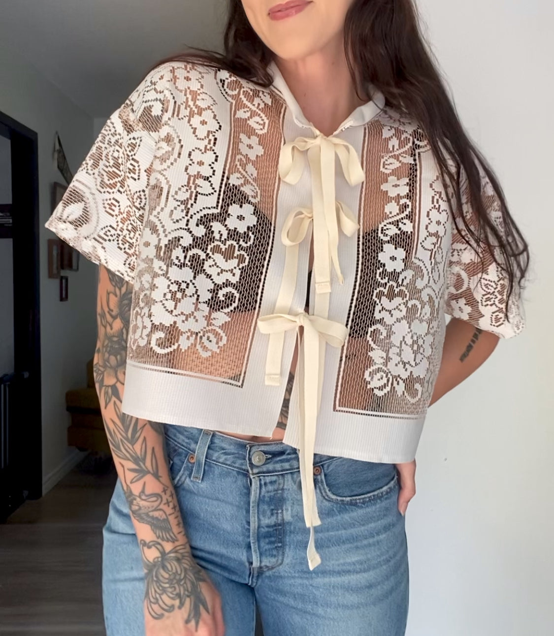 Upcycled Tie-front Lace Blouse