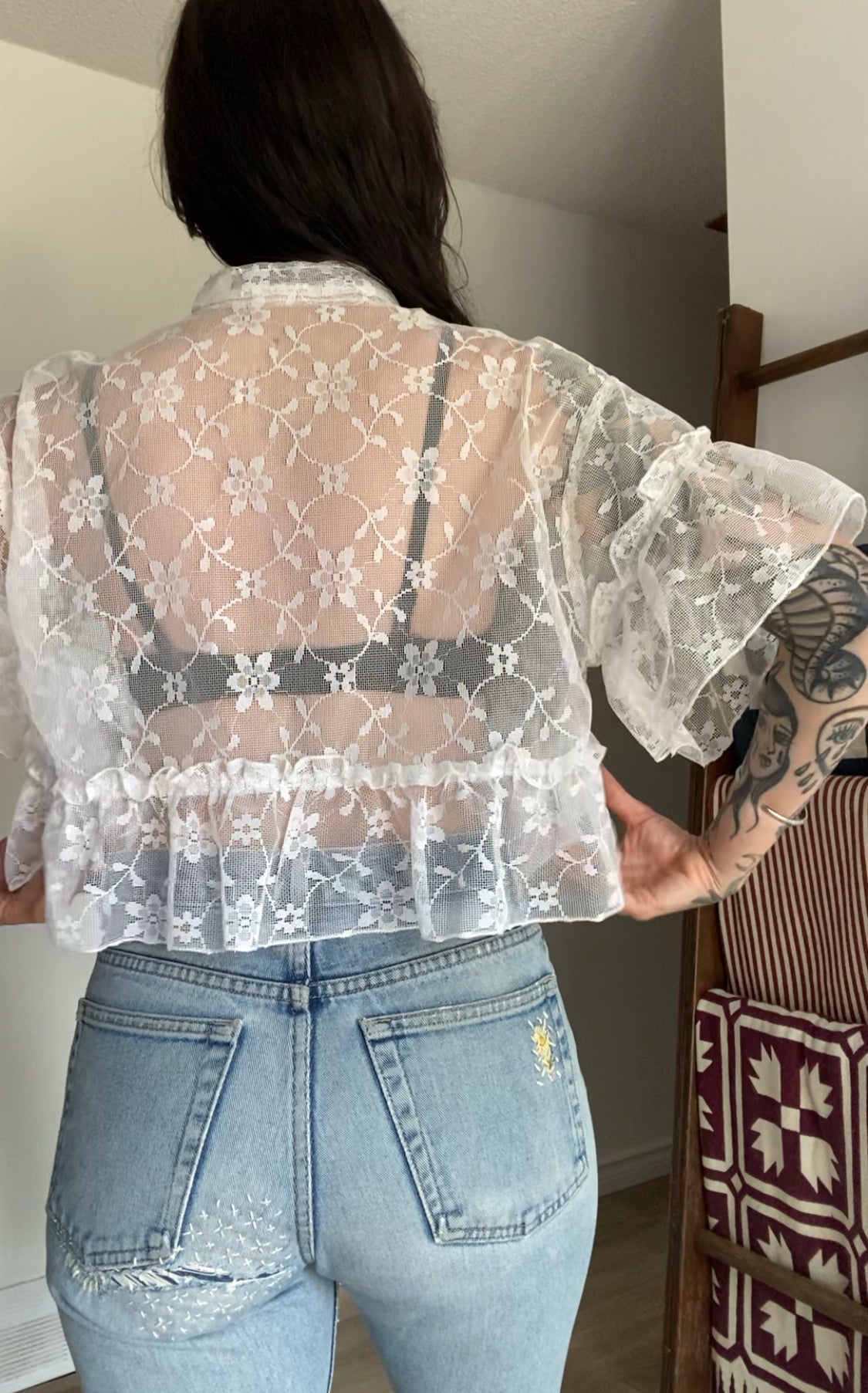Upcycled Tie-front Frilly Lace Blouse