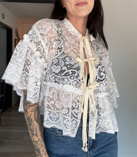 Upcycled Tie-front Frilly Lace Blouse