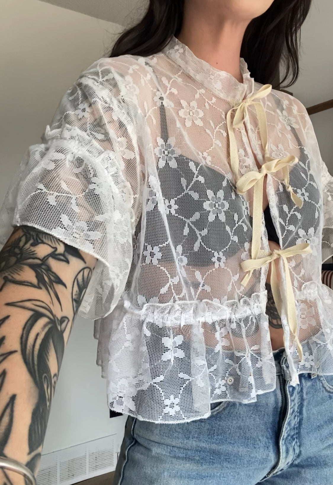 Upcycled Tie-front Frilly Lace Blouse