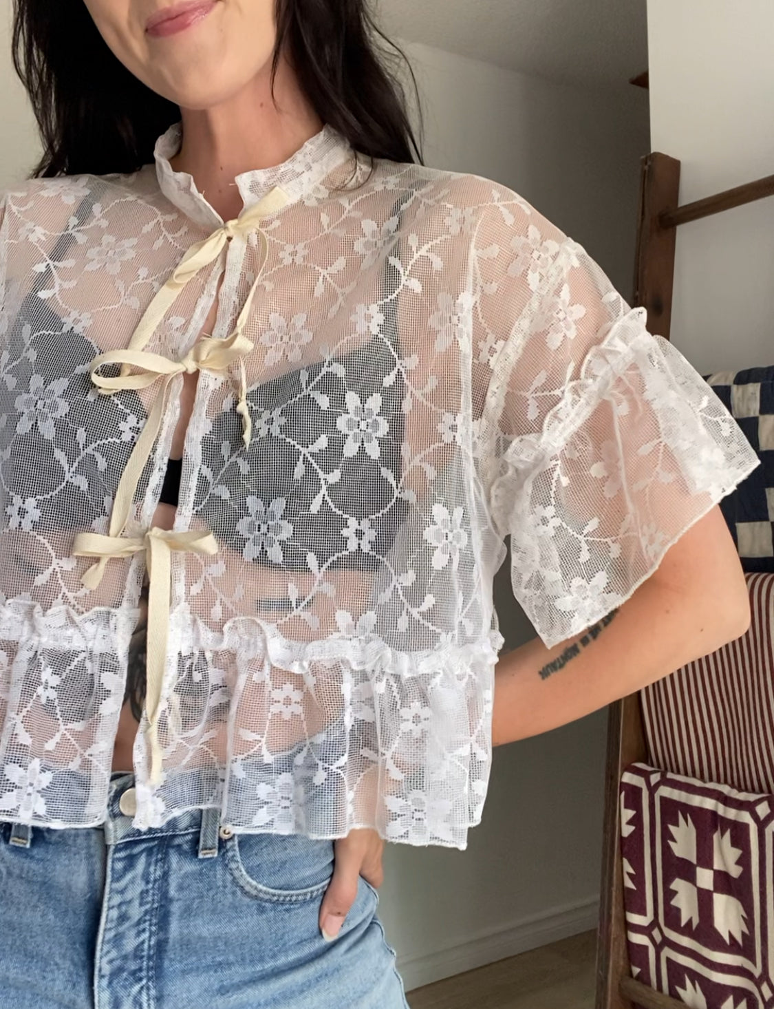 Upcycled Tie-front Frilly Lace Blouse