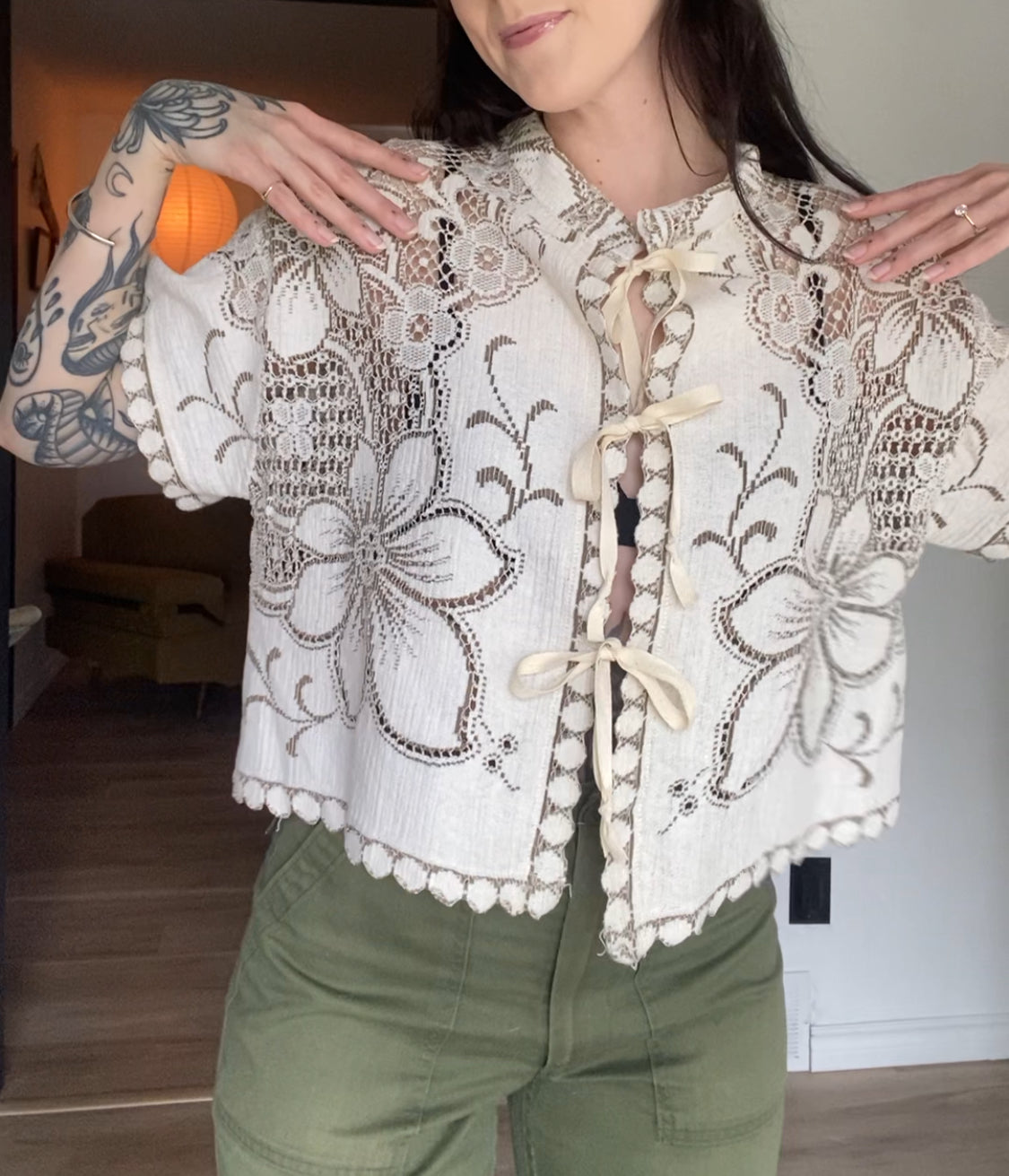 Upcycled Tie-front Lace Blouse