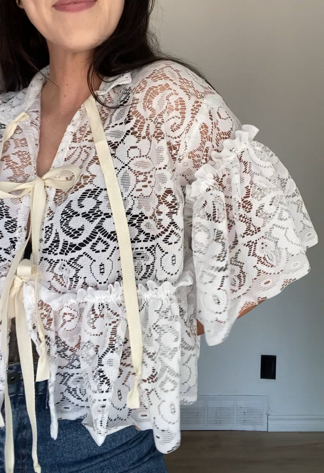 Upcycled Tie-front Frilly Lace Blouse