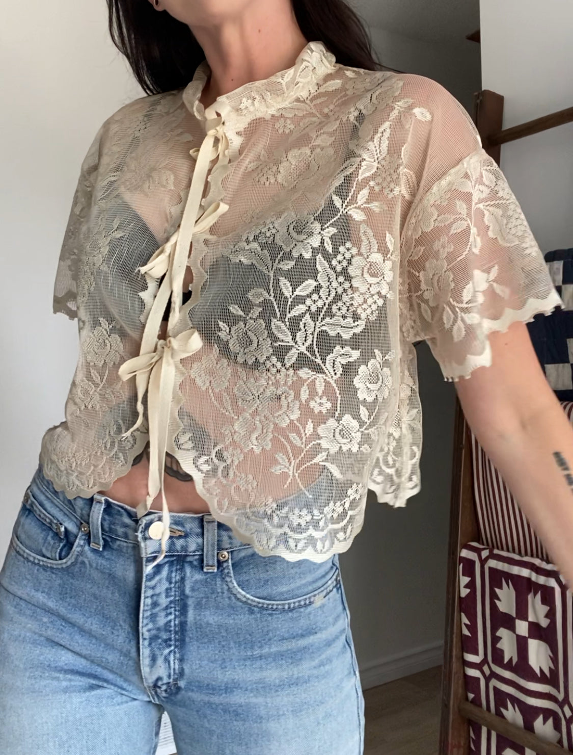Upcycled Tie-front Lace Blouse I