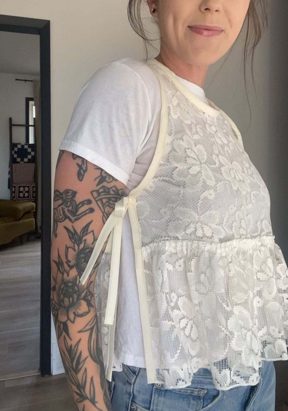 Upcycled Side-Tie Lace Tank Top