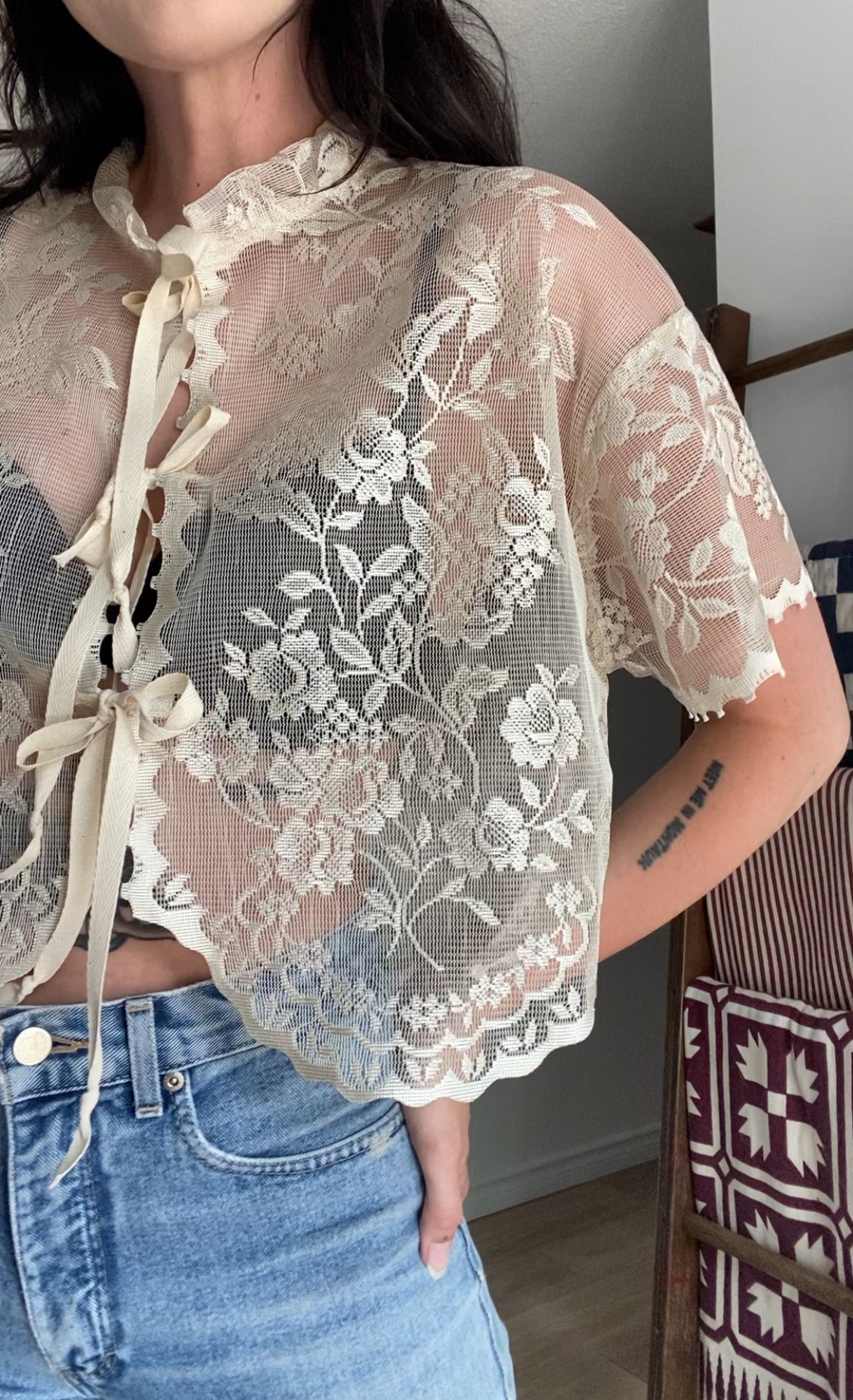Upcycled Tie-front Lace Blouse I
