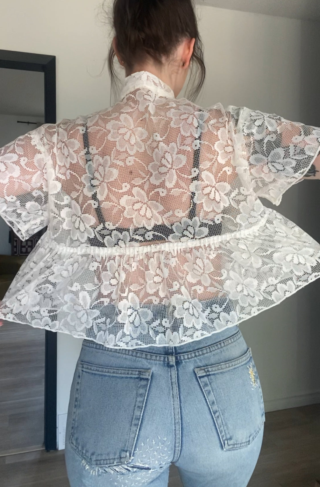 Upcycled Tie-front Frilly Lace Blouse