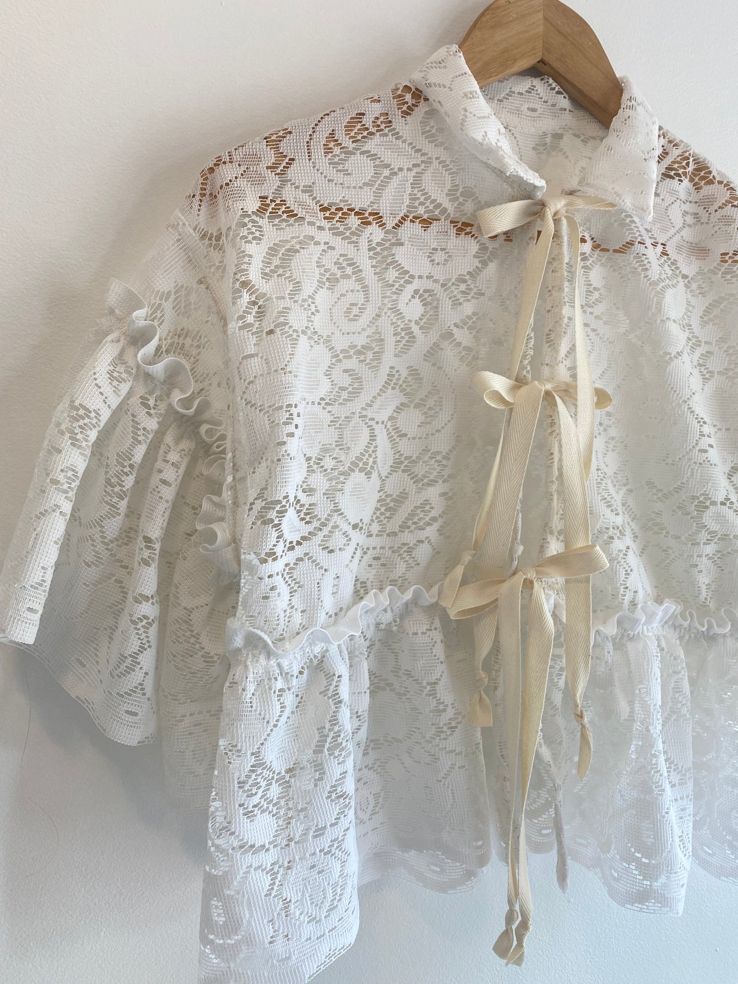 Upcycled Tie-front Frilly Lace Blouse