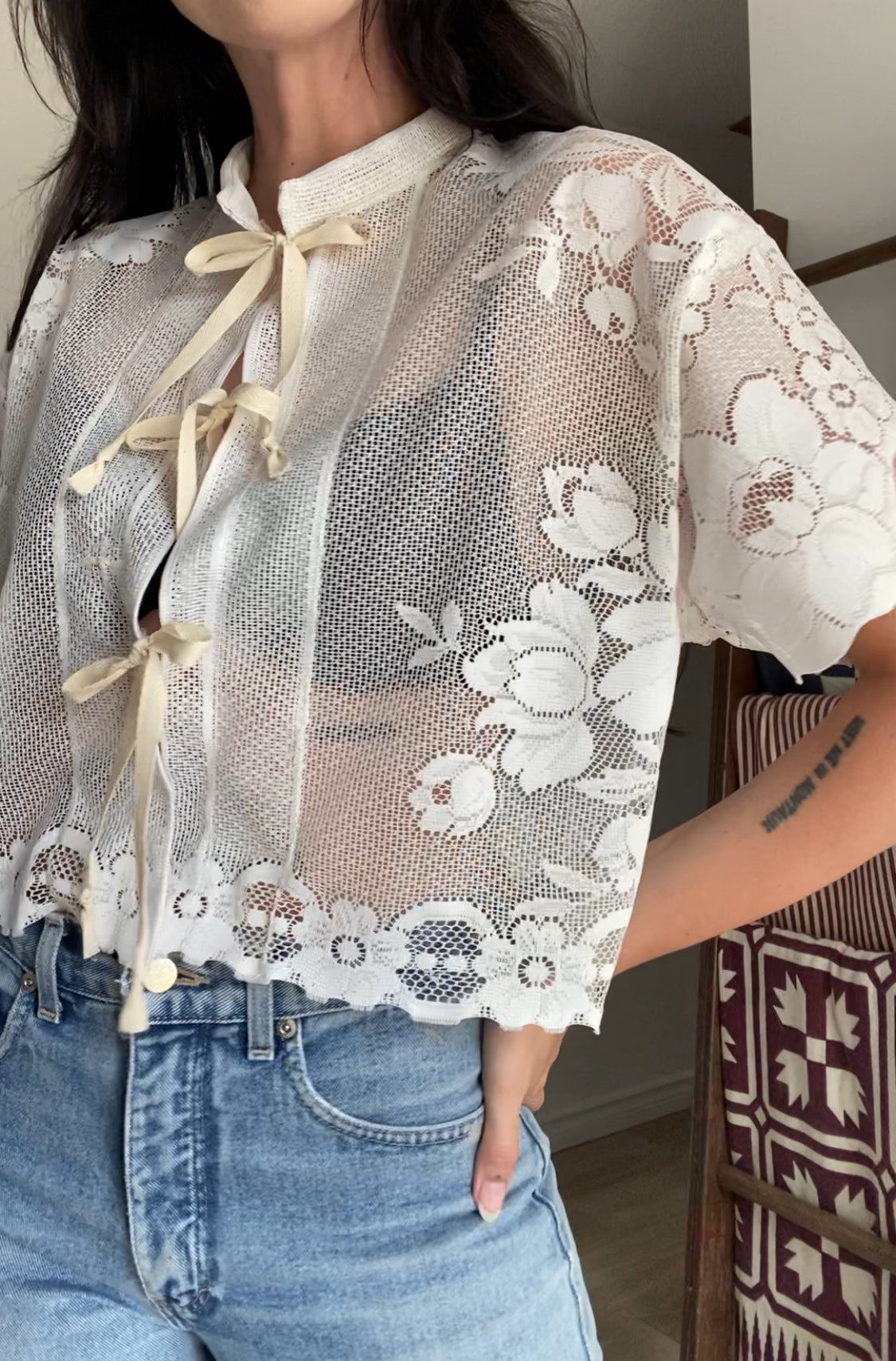 Upcycled Tie-front Lace Blouse I