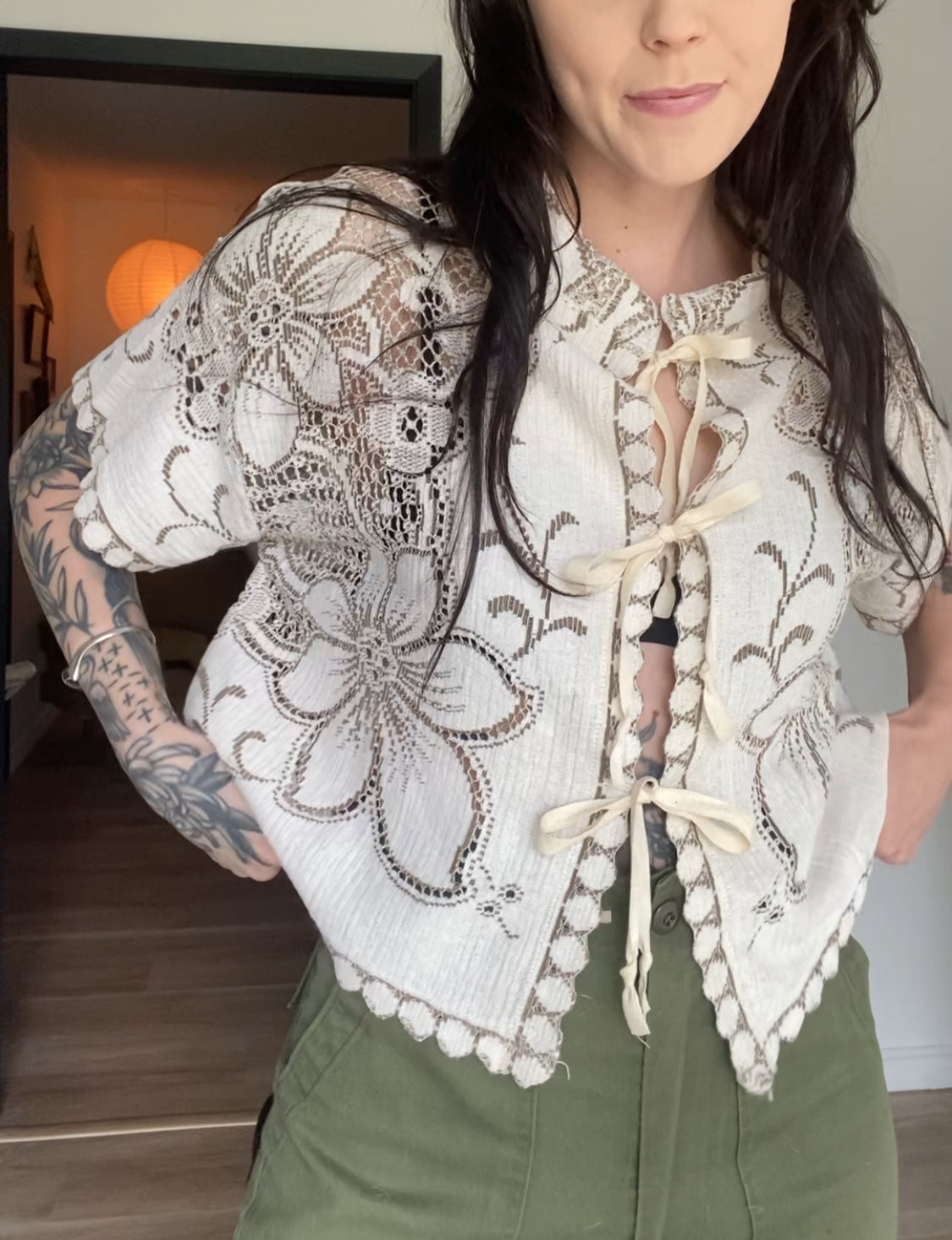 Upcycled Tie-front Lace Blouse