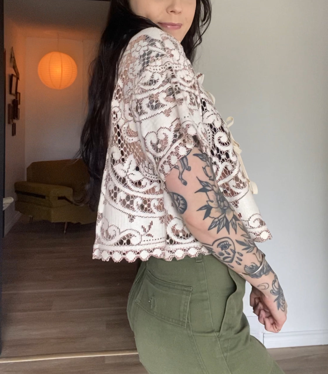 Upcycled Tie-front Lace Blouse