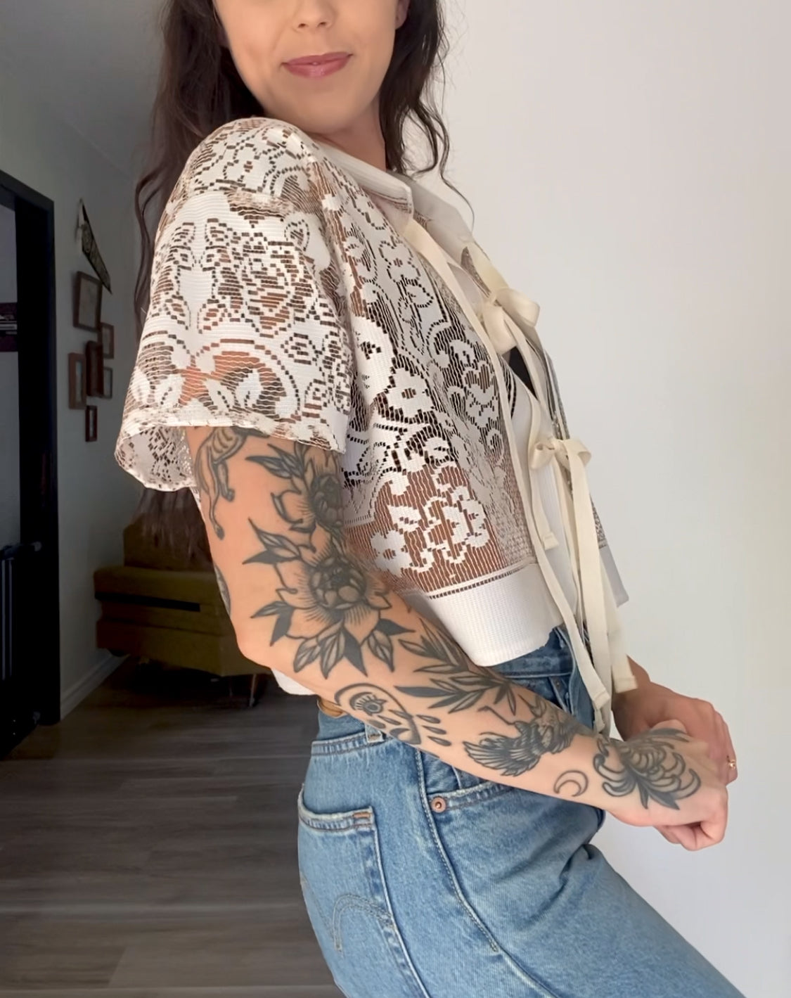 Upcycled Tie-front Lace Blouse