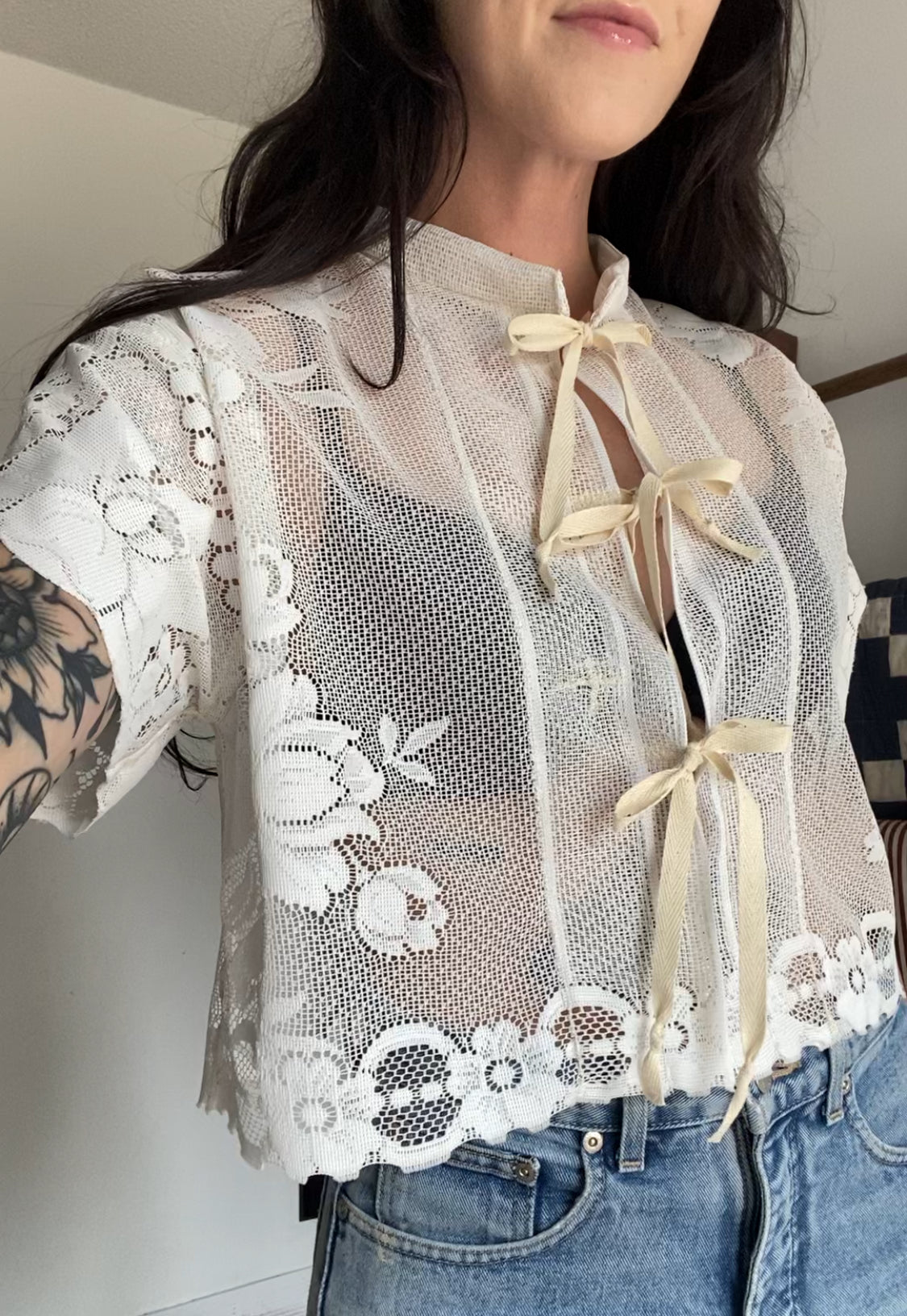 Upcycled Tie-front Lace Blouse I