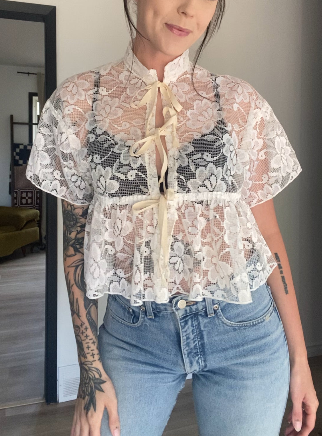 Upcycled Tie-front Frilly Lace Blouse