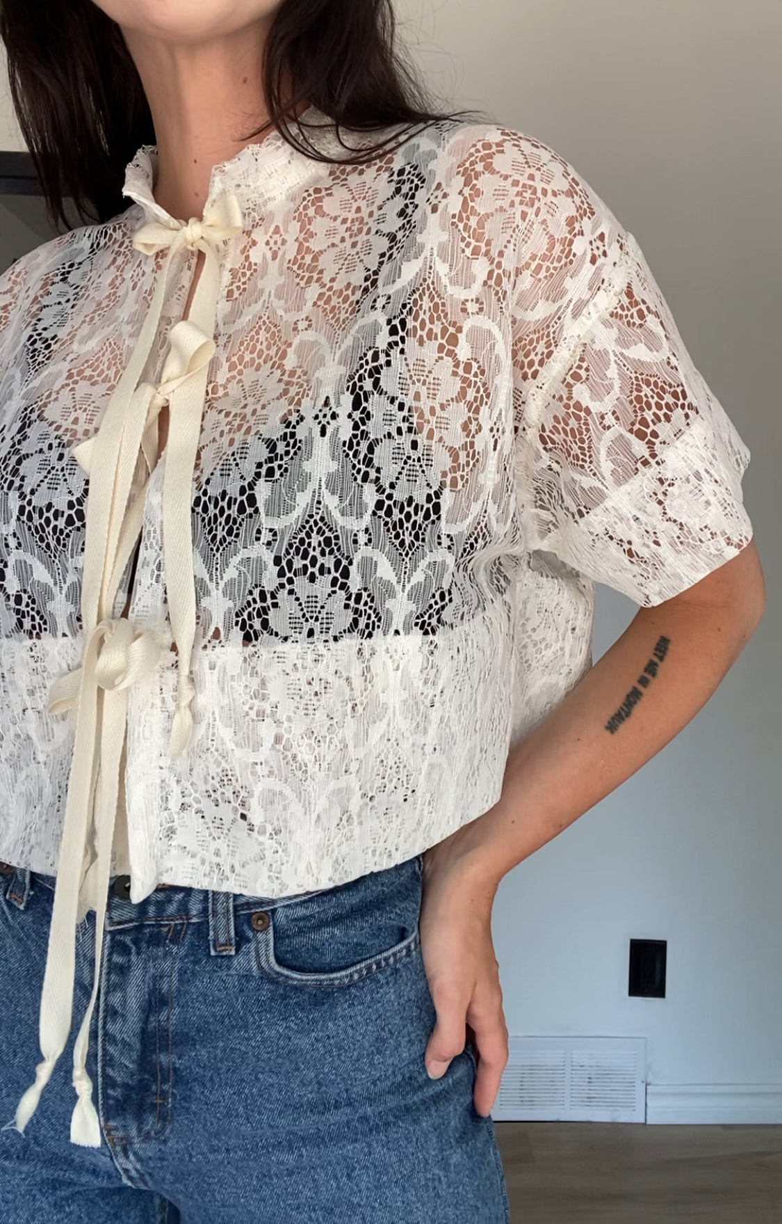 Upcycled Tie-front Lace Blouse