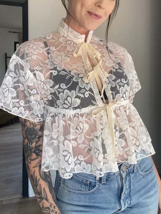 Upcycled Tie-front Frilly Lace Blouse