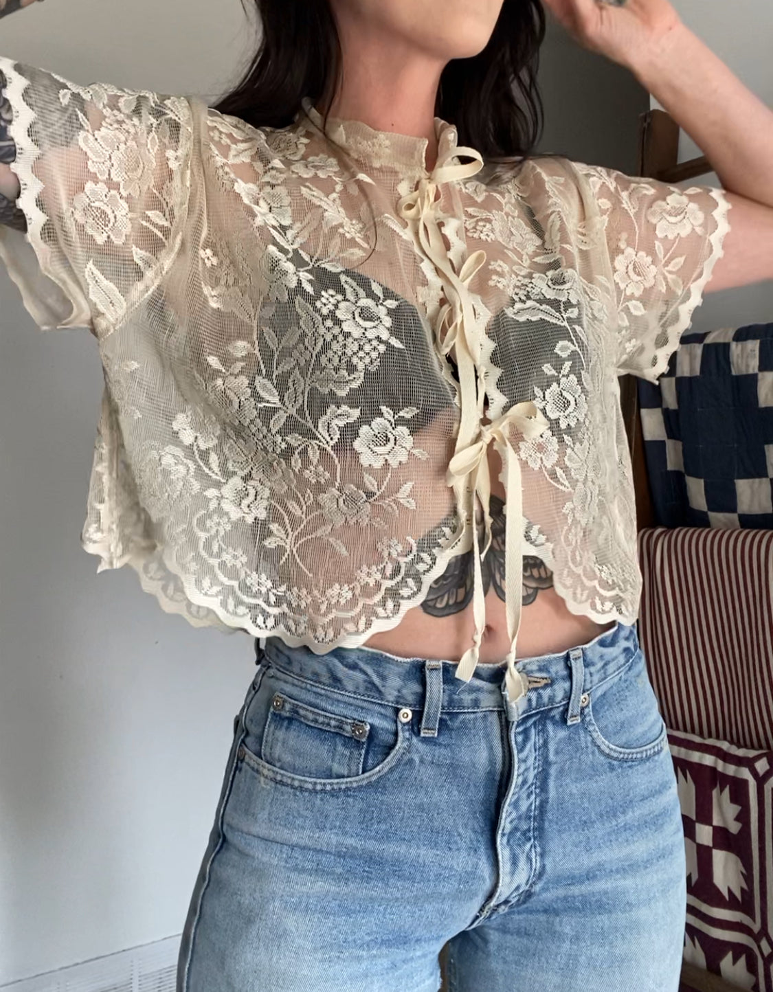 Upcycled Tie-front Lace Blouse I