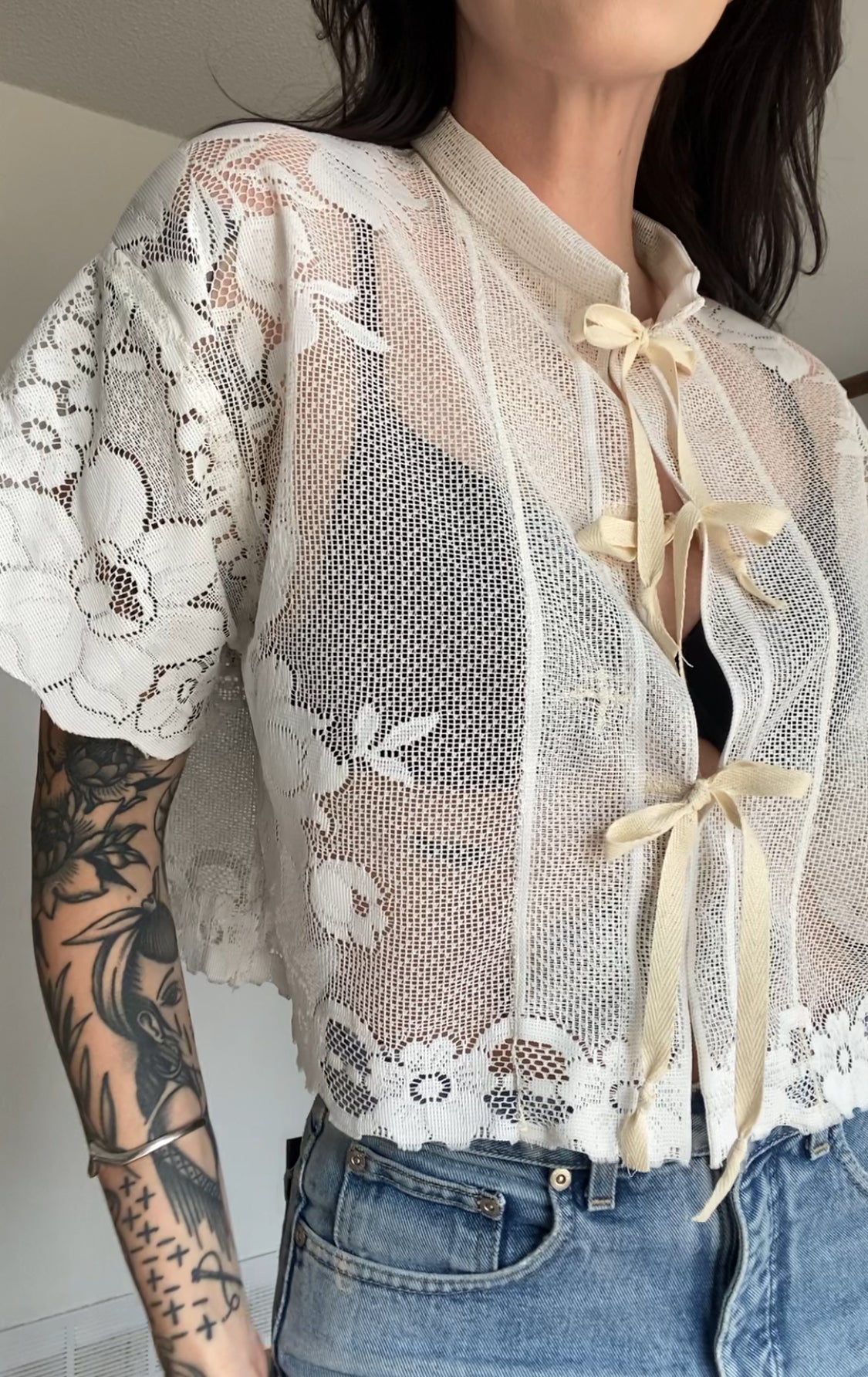 Upcycled Tie-front Lace Blouse I