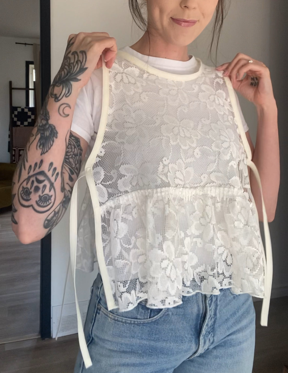 Upcycled Side-Tie Lace Tank Top