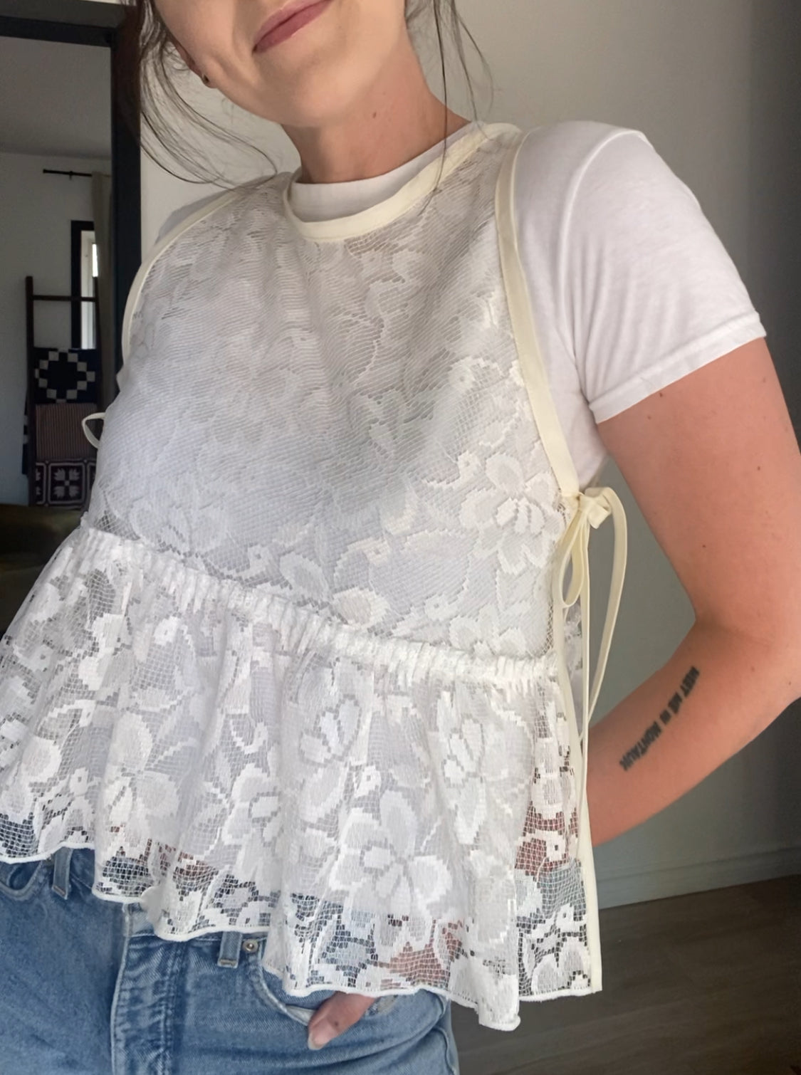 Upcycled Side-Tie Lace Tank Top