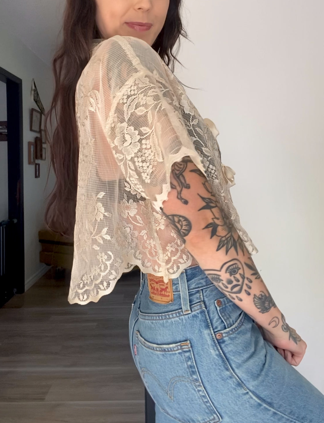 Upcycled Tie-front Lace Blouse