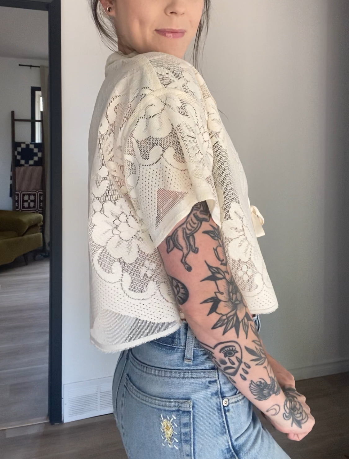 Upcycled Tie-front Lace Blouse I