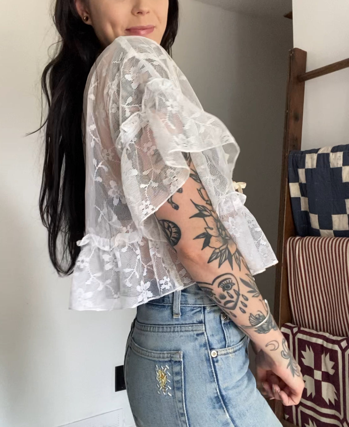 Upcycled Tie-front Frilly Lace Blouse