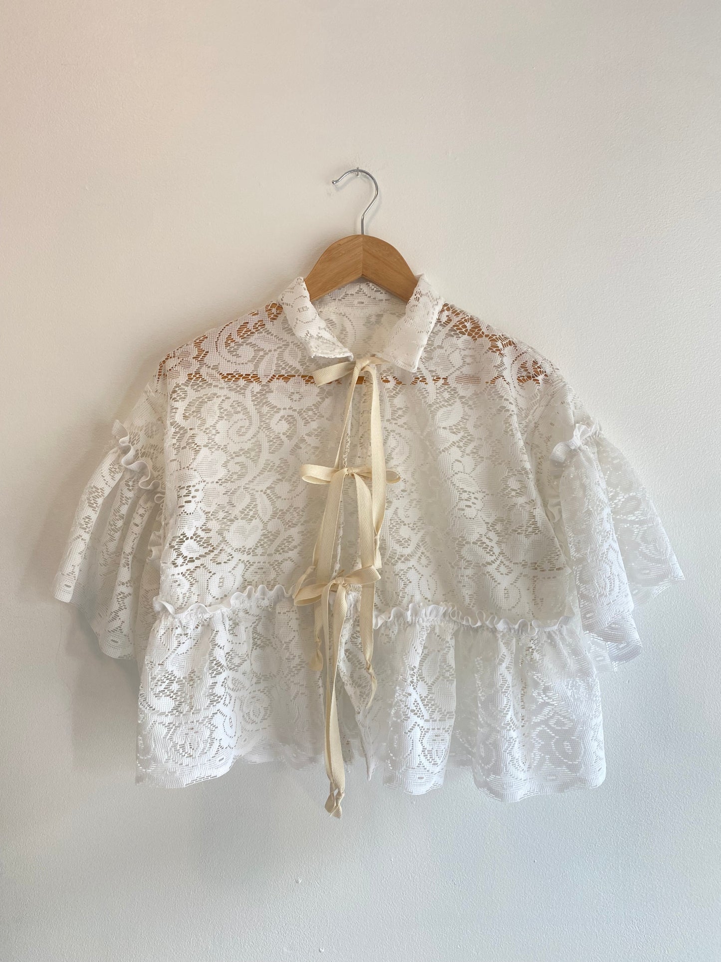 Upcycled Tie-front Frilly Lace Blouse
