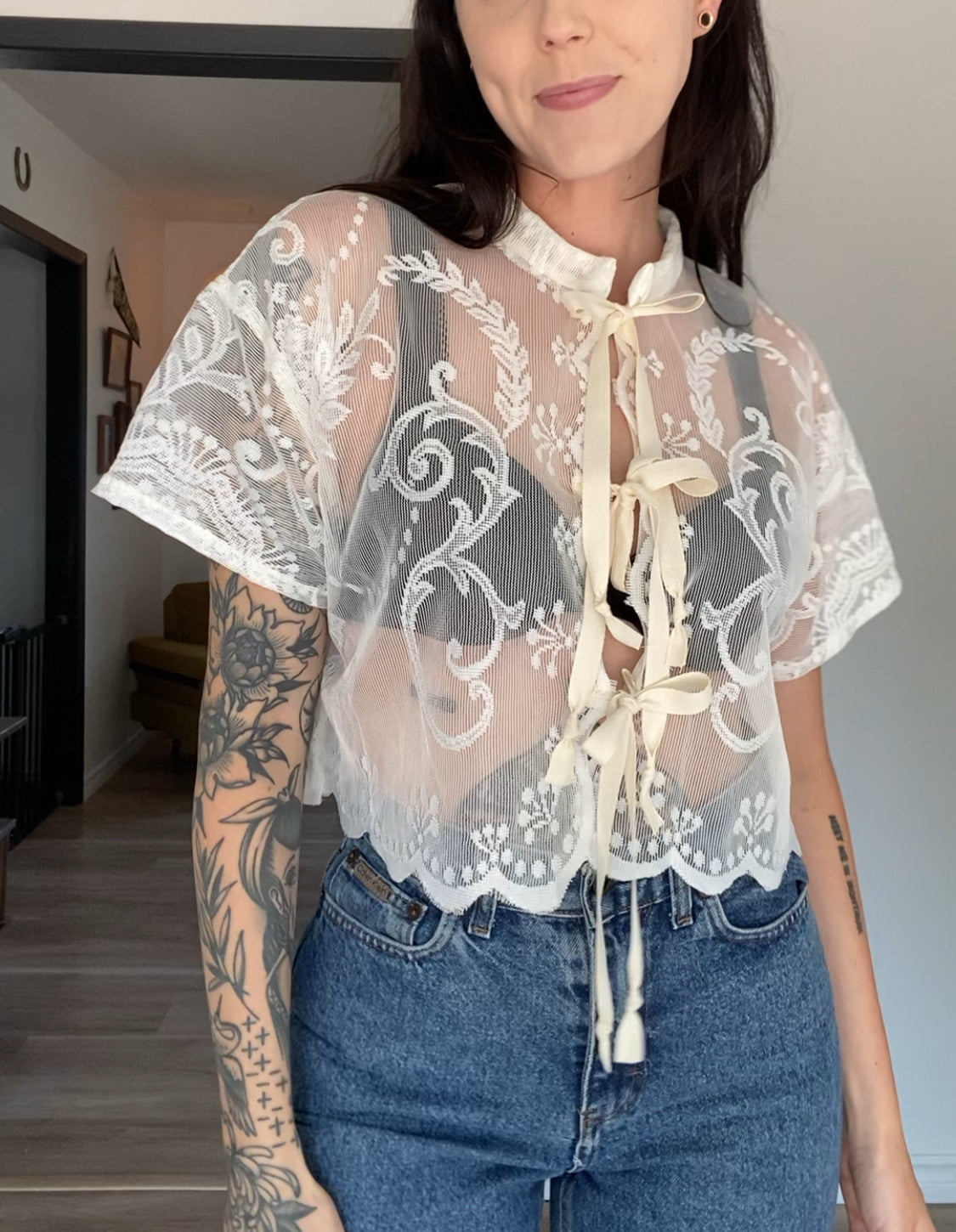 Upcycled Tie-front Lace Blouse II