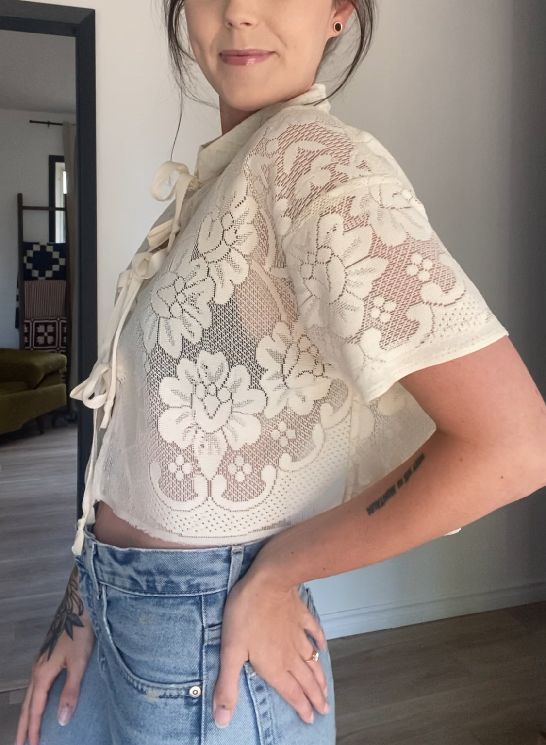 Upcycled Tie-front Lace Blouse I