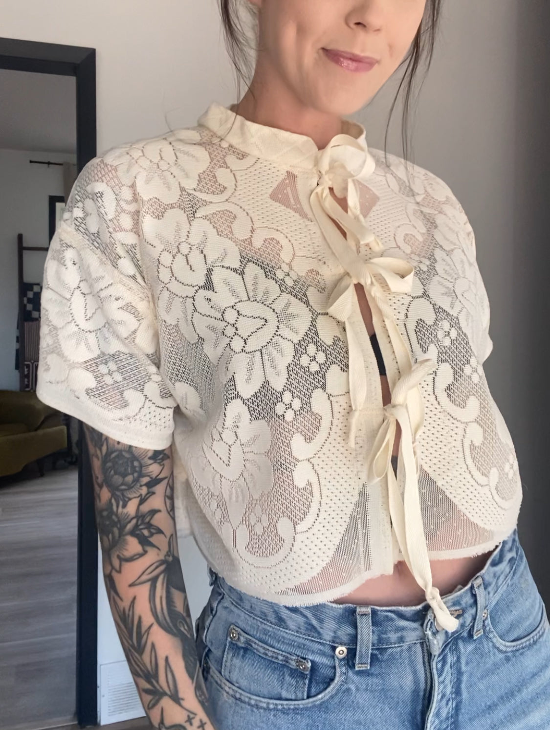 Upcycled Tie-front Lace Blouse I