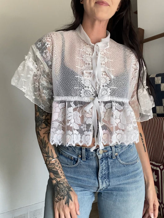 Upcycled Tie-front Frilly Lace Blouse