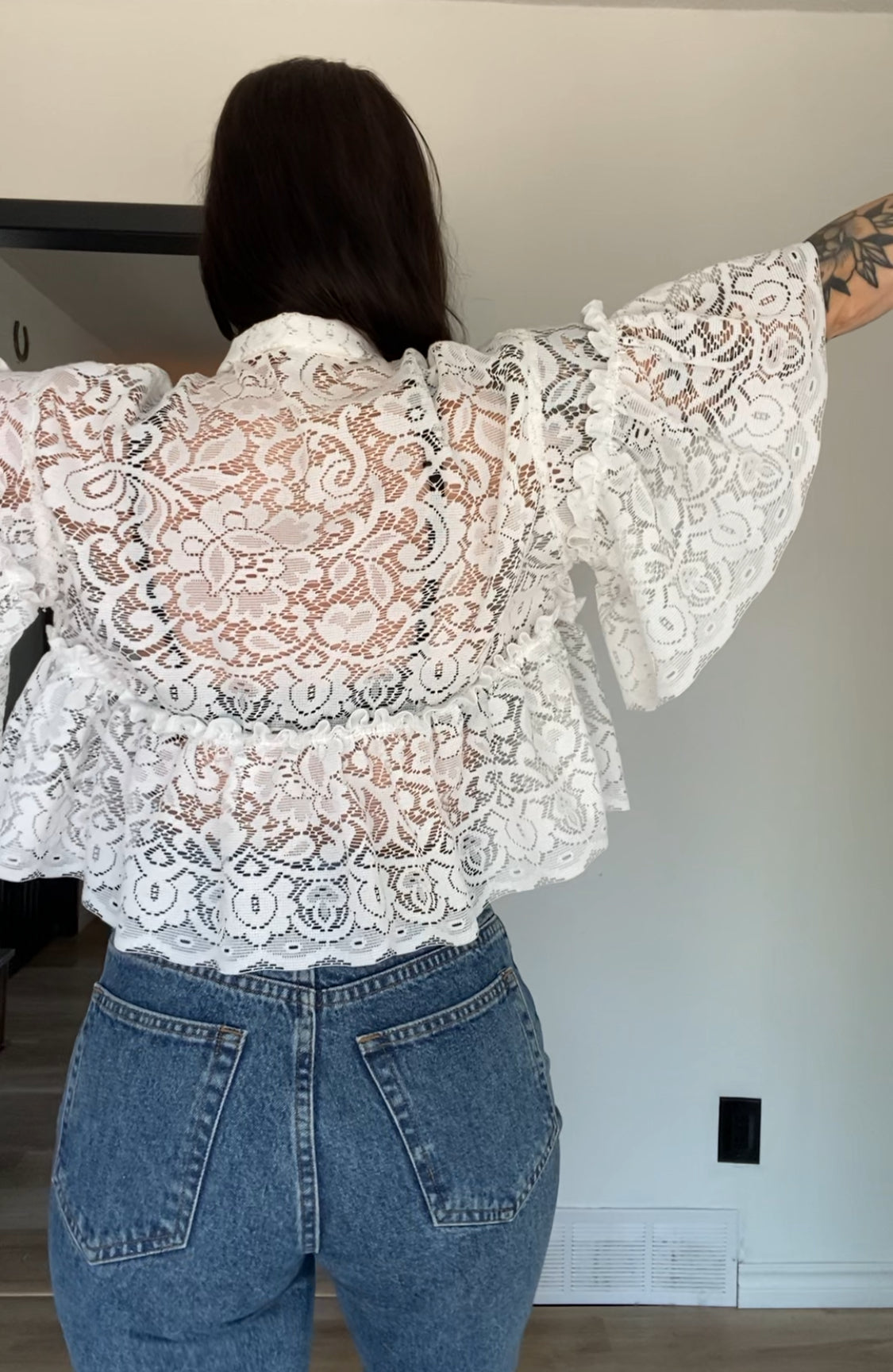 Upcycled Tie-front Frilly Lace Blouse