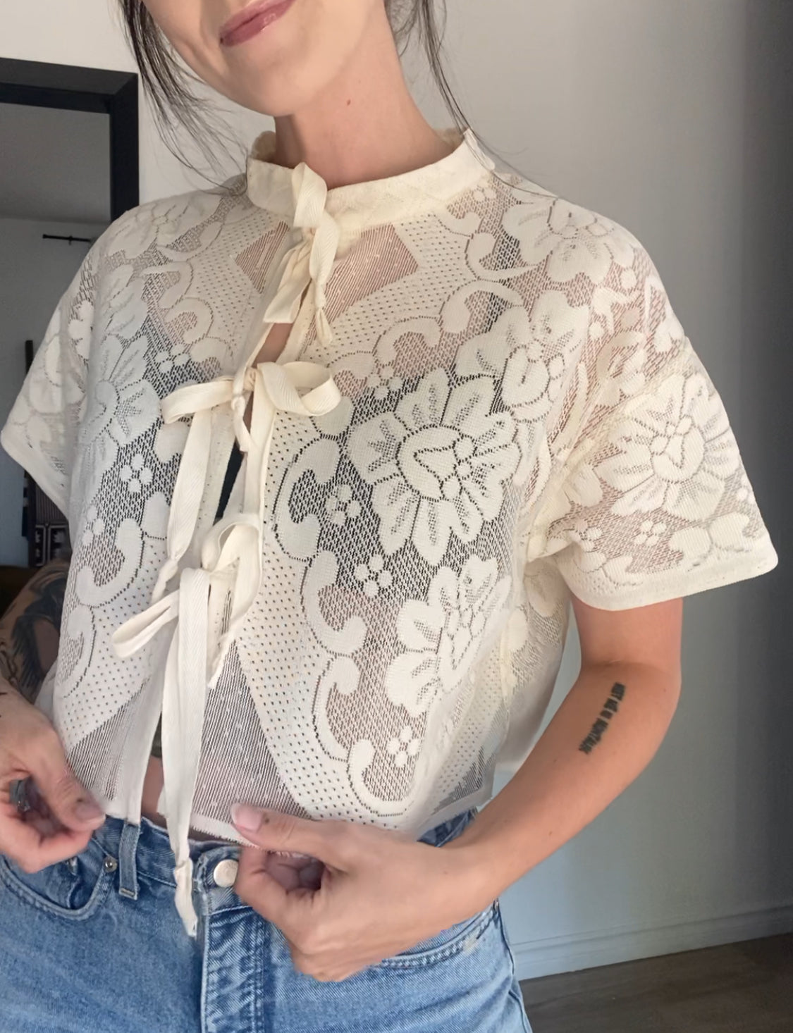 Upcycled Tie-front Lace Blouse I