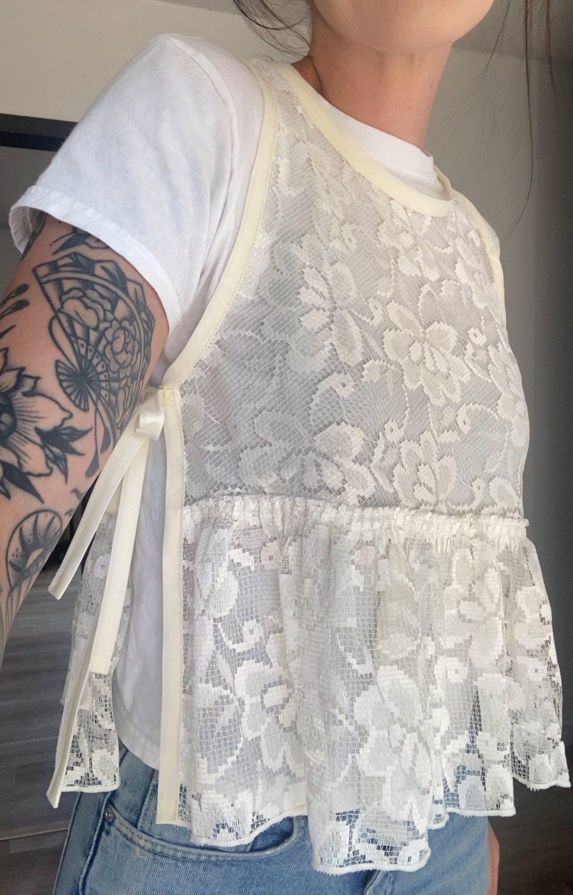 Upcycled Side-Tie Lace Tank Top
