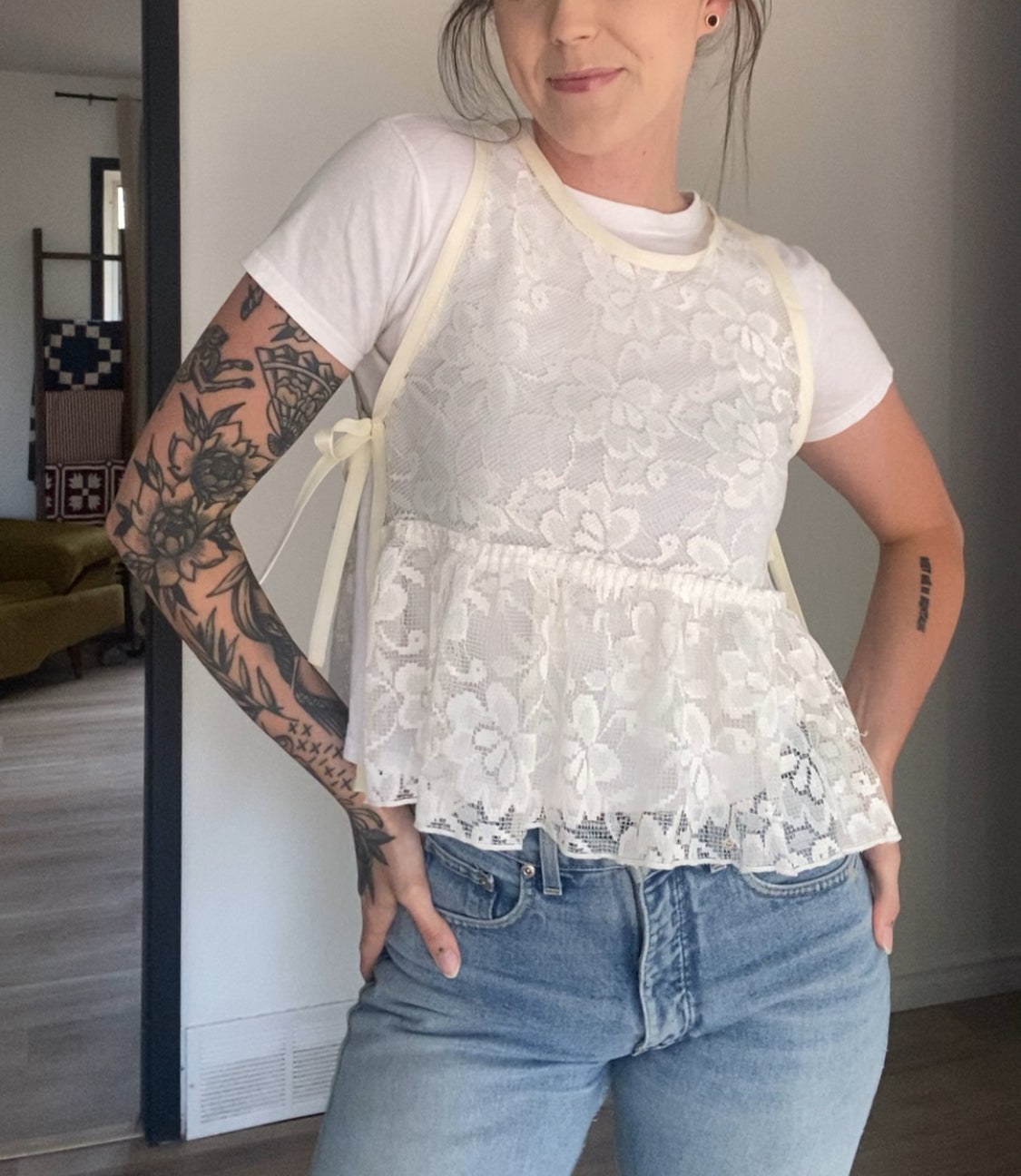 Upcycled Side-Tie Lace Tank Top