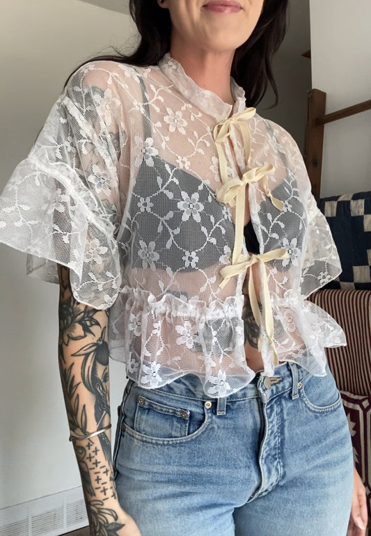 Upcycled Tie-front Frilly Lace Blouse