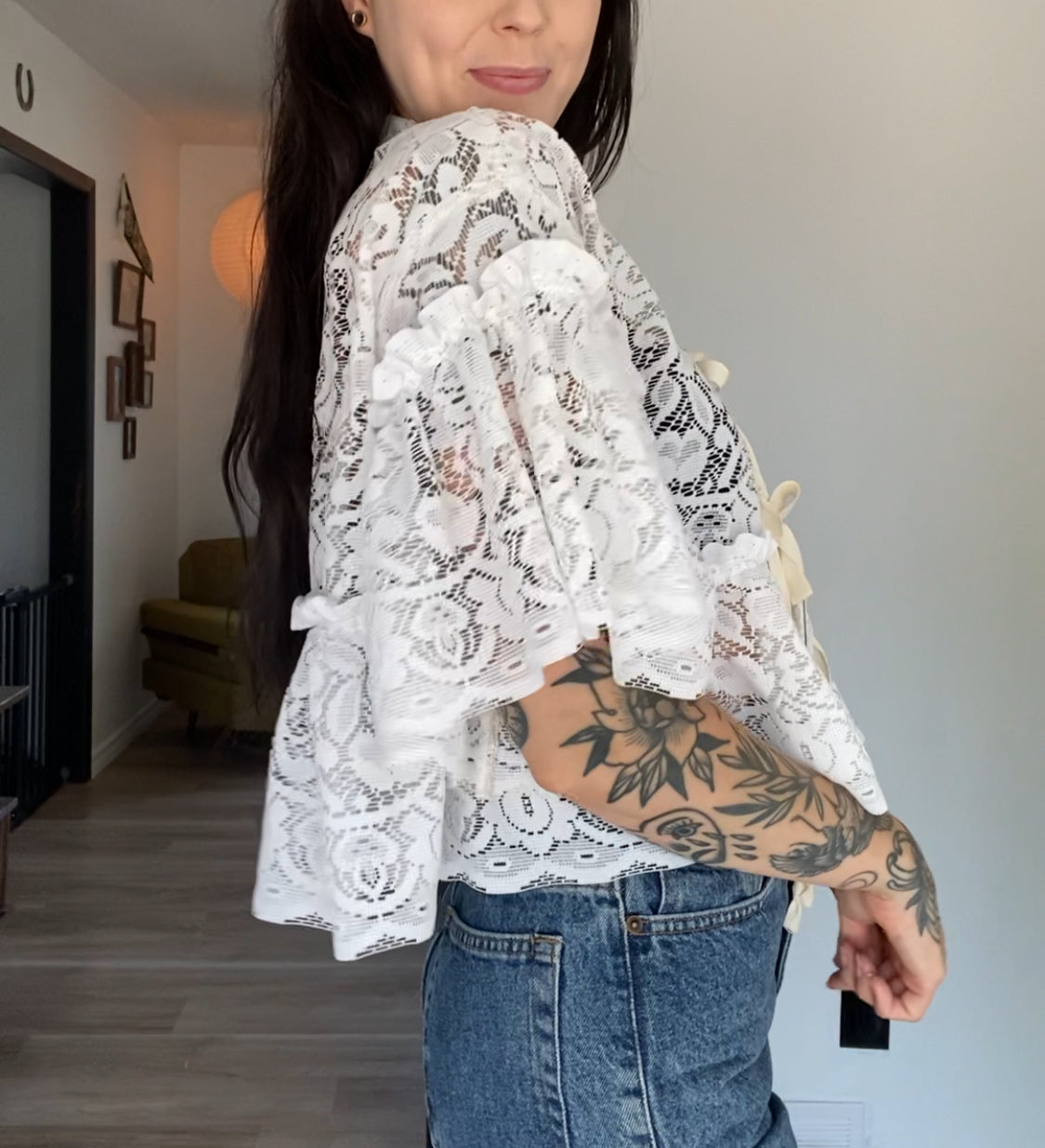 Upcycled Tie-front Frilly Lace Blouse