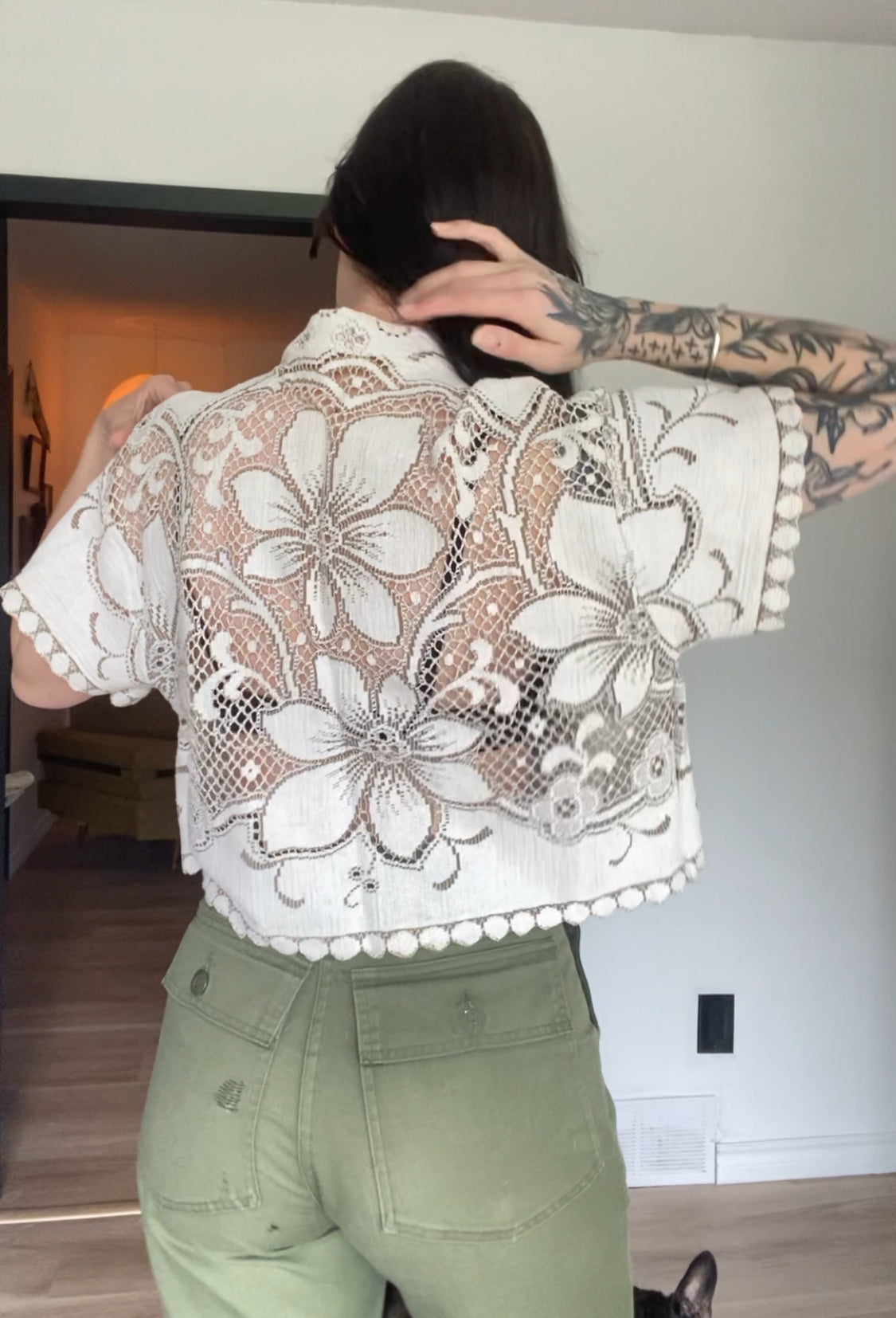 Upcycled Tie-front Lace Blouse