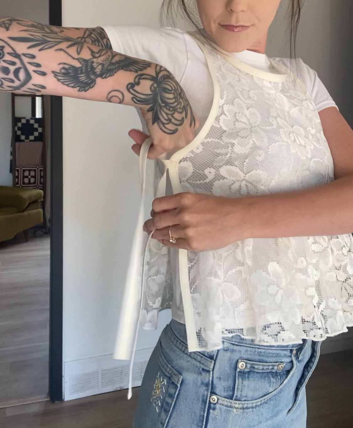 Upcycled Side-Tie Lace Tank Top