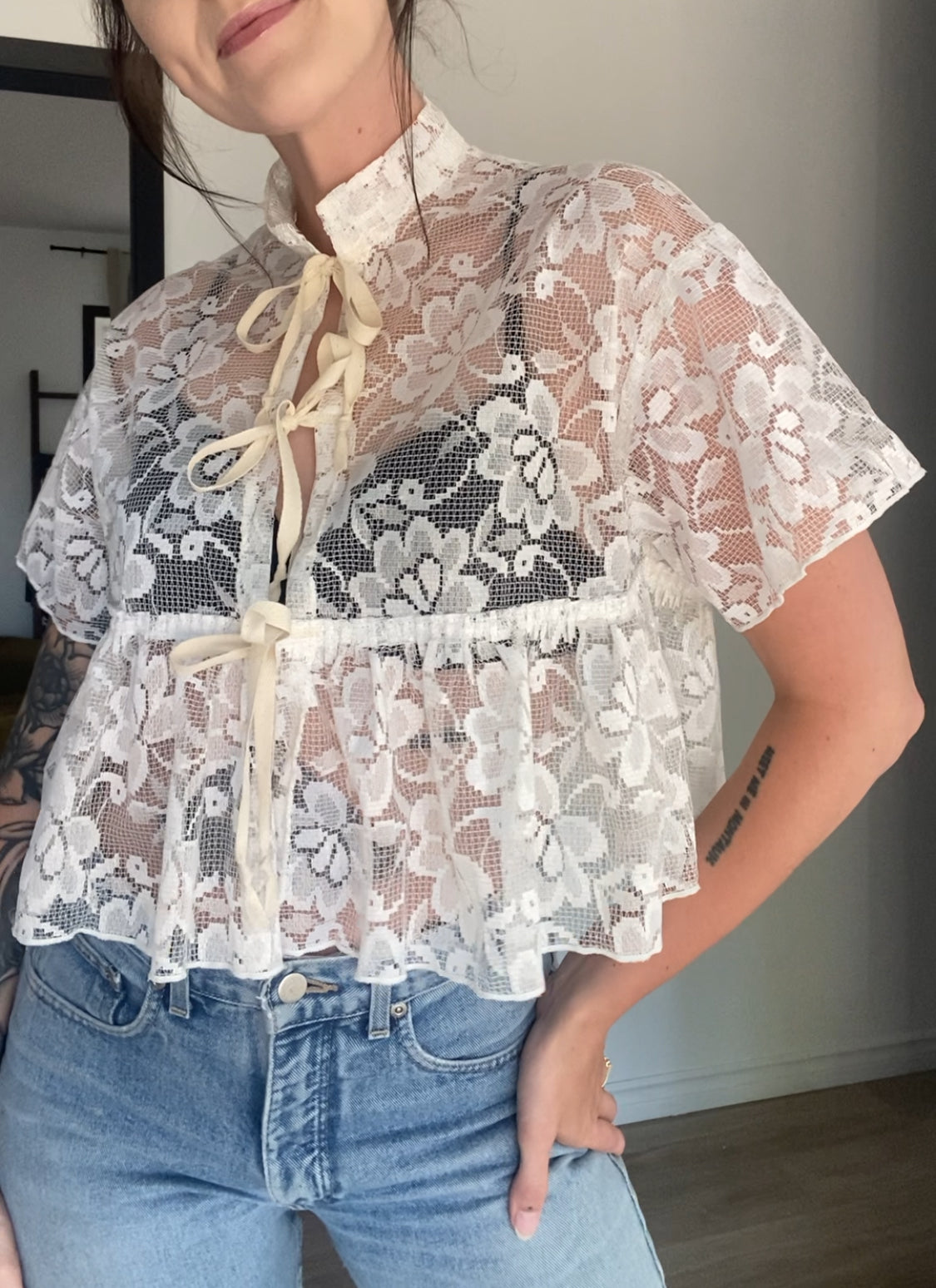 Upcycled Tie-front Frilly Lace Blouse