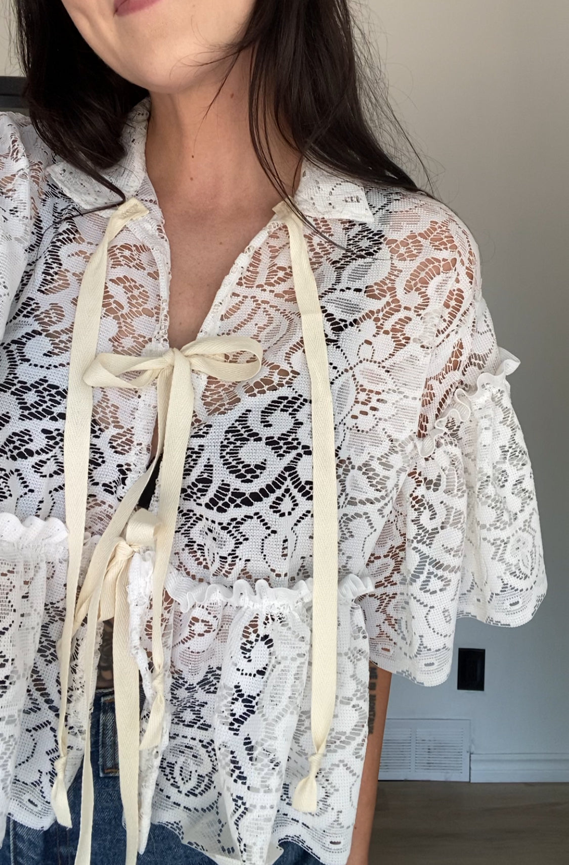 Upcycled Tie-front Frilly Lace Blouse