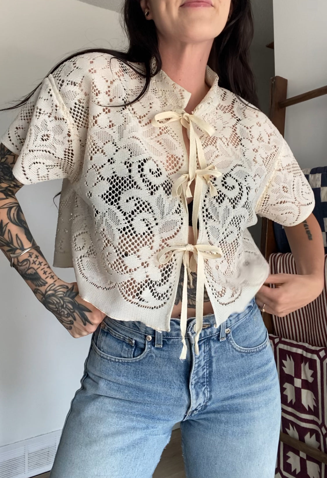 Upcycled Tie-front Lace Blouse I