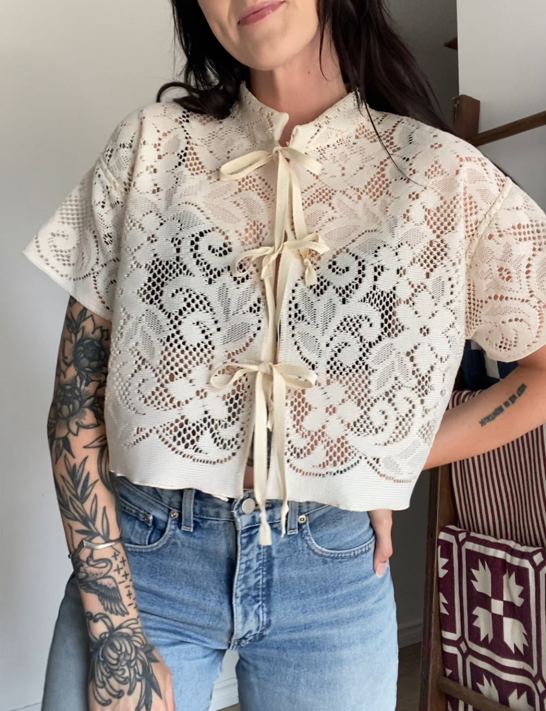 Upcycled Tie-front Lace Blouse I