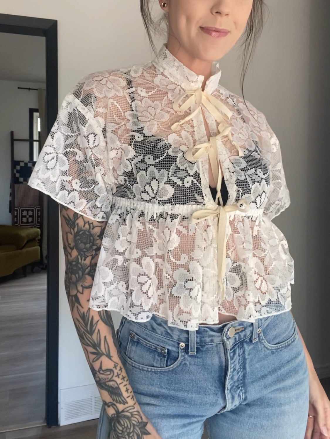 Upcycled Tie-front Frilly Lace Blouse
